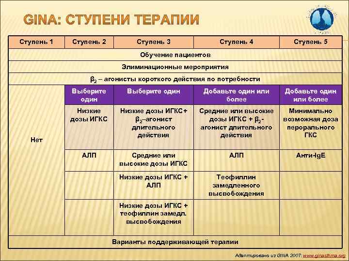 Ступень 1 Ступень 2 Ступень 3 Ступень 4 Ступень 5 Обучение пациентов Элиминационные мероприятия
