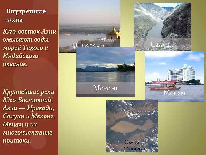 Внутренние воды Салуин Иравади Меконг Менам Озеро Тонлесап 