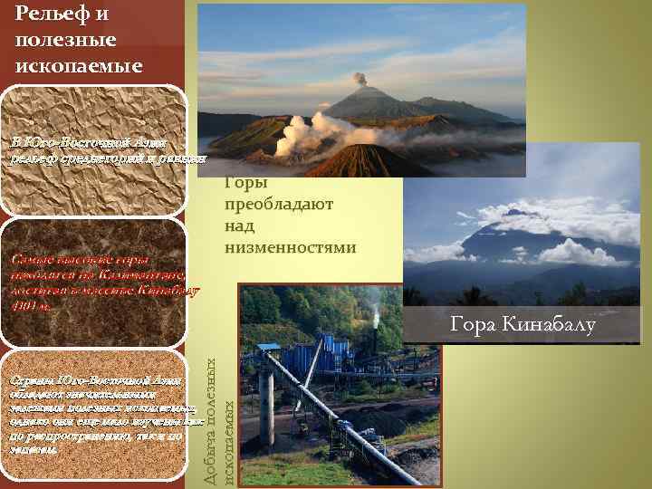 Рельеф и полезные ископаемые В Юго-Восточной Азии рельеф среднегорий и равнин. Горы преобладают над