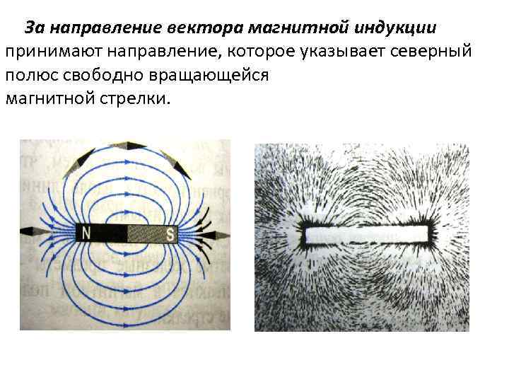 За направление вектора магнитной индукции принимают направление, которое указывает северный полюс свободно вращающейся магнитной