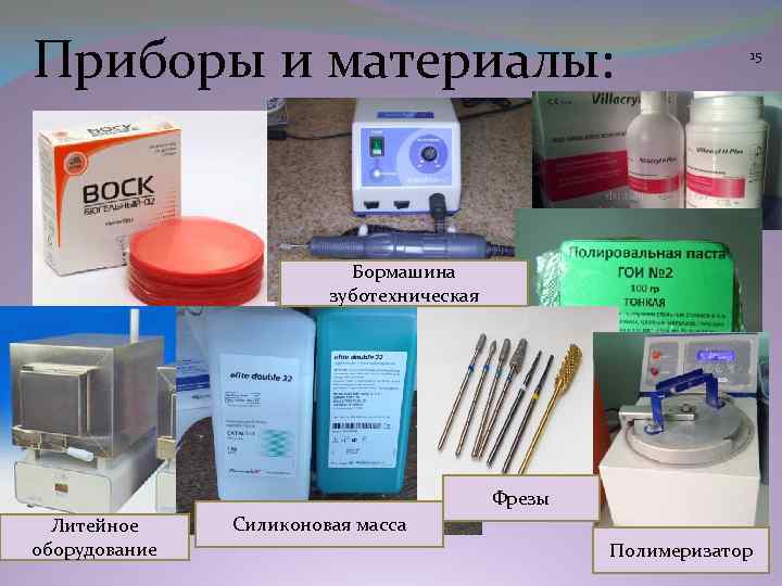 Приборы и материалы: 15 Бормашина зуботехническая Фрезы Литейное оборудование Силиконовая масса Полимеризатор 