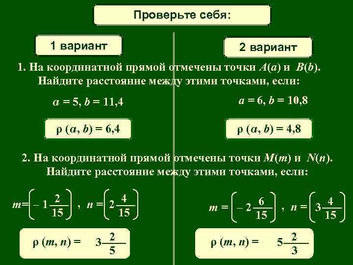 Математический диктант Проверьте себя: 1 вариант 2 вариант 1. На координатной прямой отмечены точки