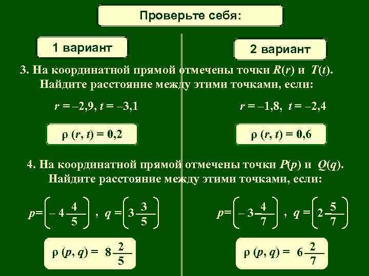 Математический диктант Проверьте себя: 1 вариант 2 вариант 3. На координатной прямой отмечены точки