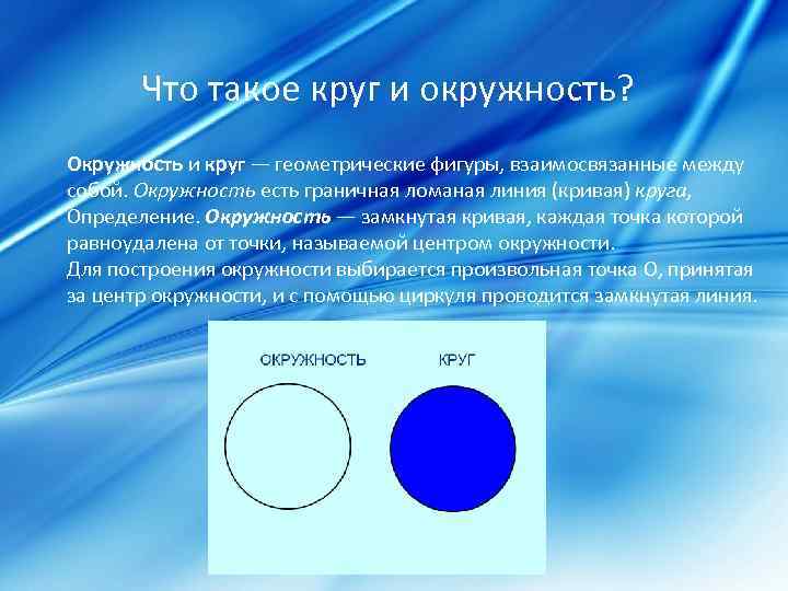 Что такое круг и окружность? Окружность и круг — геометрические фигуры, взаимосвязанные между собой.