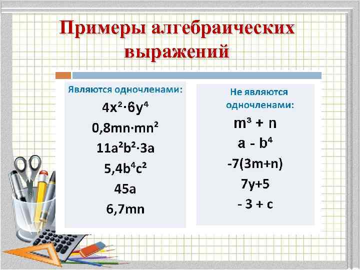Примеры алгебраических выражений 