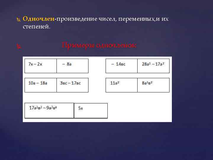  Одночлен-произведение чисел, переменных, и их степеней. Примеры одночленов: 