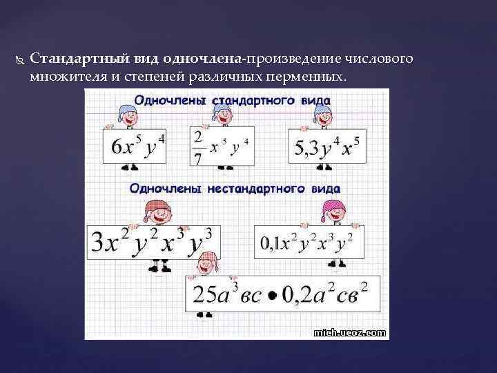  Стандартный вид одночлена-произведение числового множителя и степеней различных перменных. 