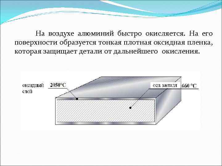 На воздухе алюминий быстро окисляется. На его поверхности образуется тонкая плотная оксидная пленка, которая