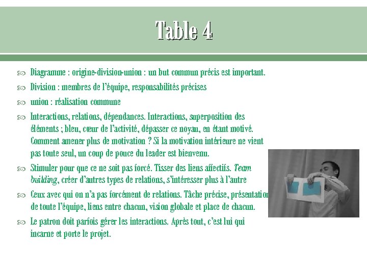 Table 4 Diagramme : origine-division-union : un but commun précis est important. Division :