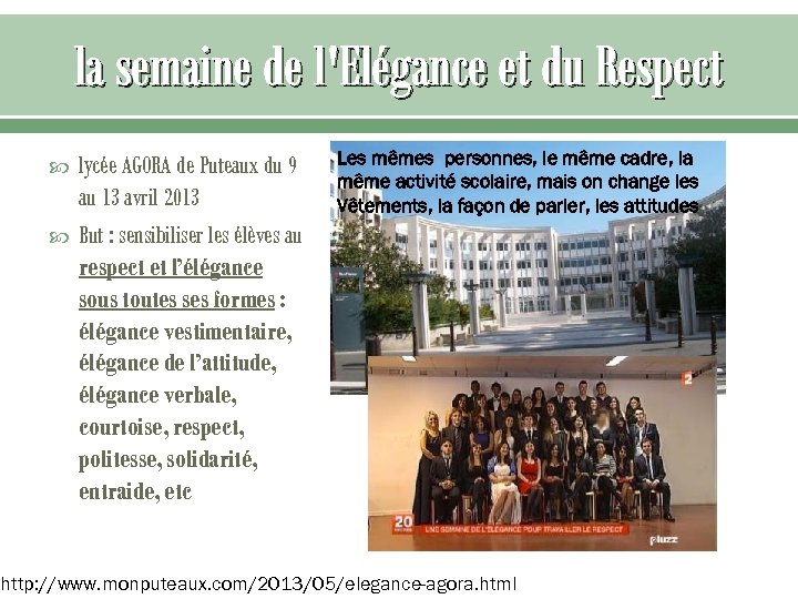 la semaine de l'Elégance et du Respect lycée AGORA de Puteaux du 9 au