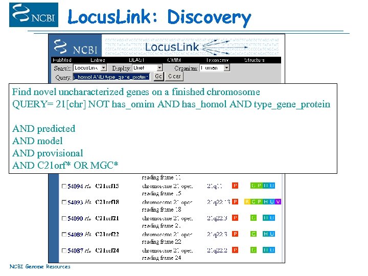 Locus. Link: Discovery Find novel uncharacterized genes on a finished chromosome QUERY= 21[chr] NOT