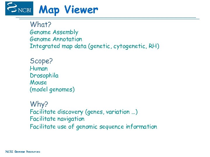 Map Viewer What? Genome Assembly Genome Annotation Integrated map data (genetic, cytogenetic, RH) Scope?