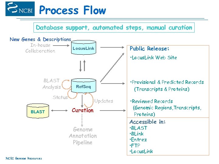 Process Flow Database support, automated steps, manual curation New Genes & Descriptions In-house Locus.