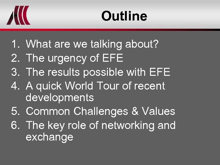 Outline 1. 2. 3. 4. What are we talking about? The urgency of EFE