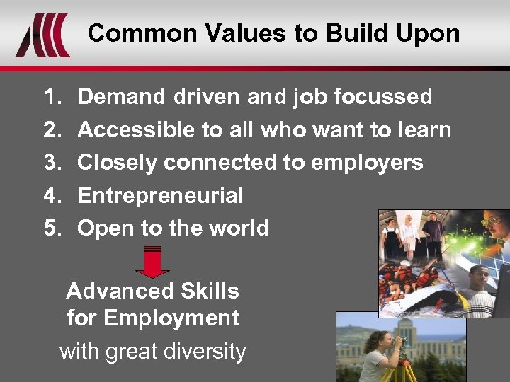 Common Values to Build Upon 1. 2. 3. 4. 5. Demand driven and job