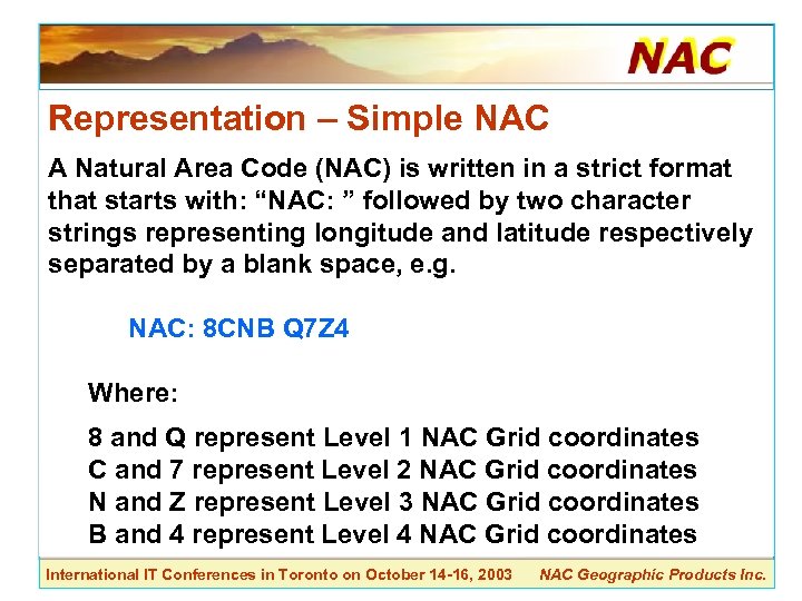 Representation – Simple NAC A Natural Area Code (NAC) is written in a strict