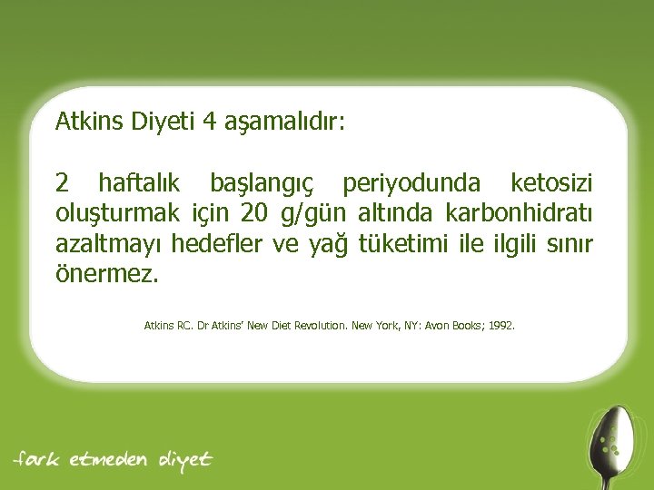 Atkins Diyeti 4 aşamalıdır: 2 haftalık başlangıç periyodunda ketosizi oluşturmak için 20 g/gün altında