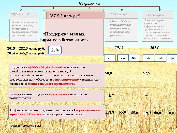 Направления 187, 5 млн. руб. «Развитие подотрасли растениеводства, переработки и реализации продукции растениеводства» 52,
