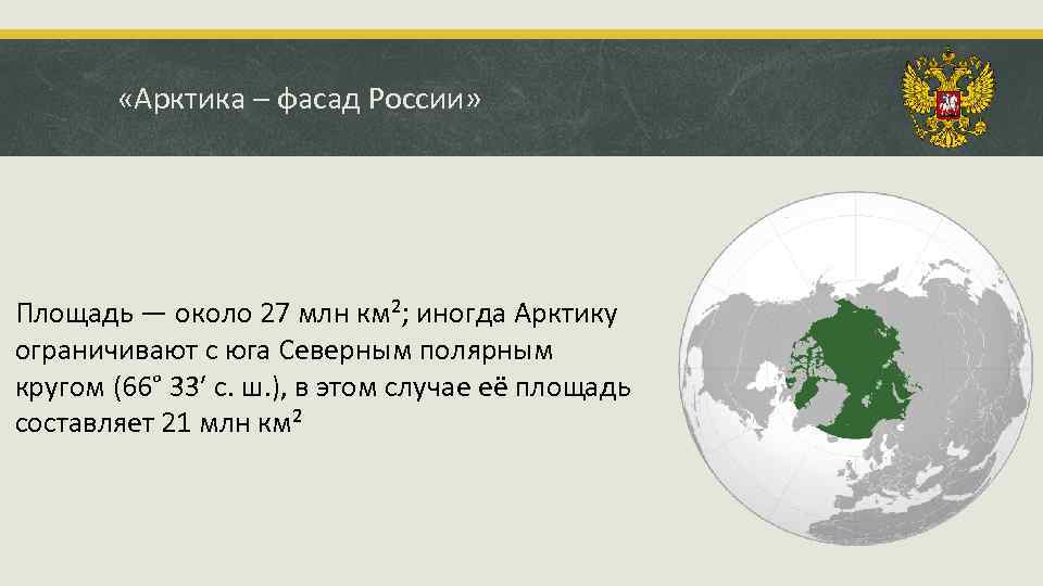  «Арктика – фасад России» Площадь — около 27 млн км²; иногда Арктику ограничивают