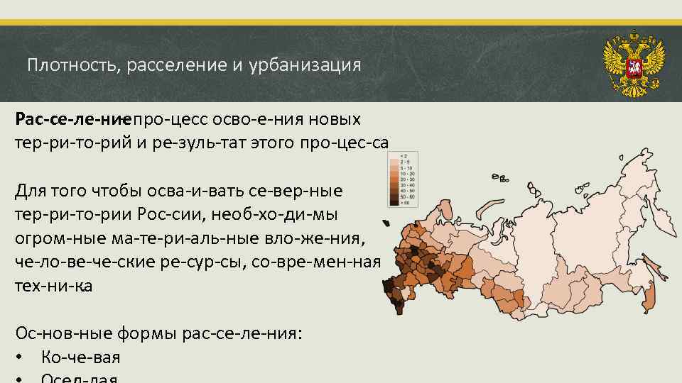 Плотность, расселение и урбанизация Рас се ле ние – про цесс осво е ния