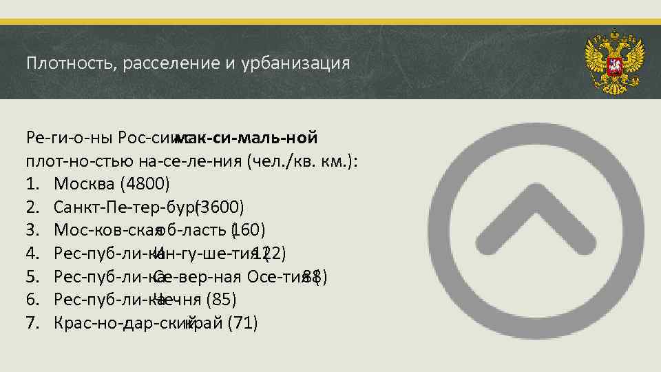 Плотность, расселение и урбанизация Ре ги о ны Рос сии с мак си маль