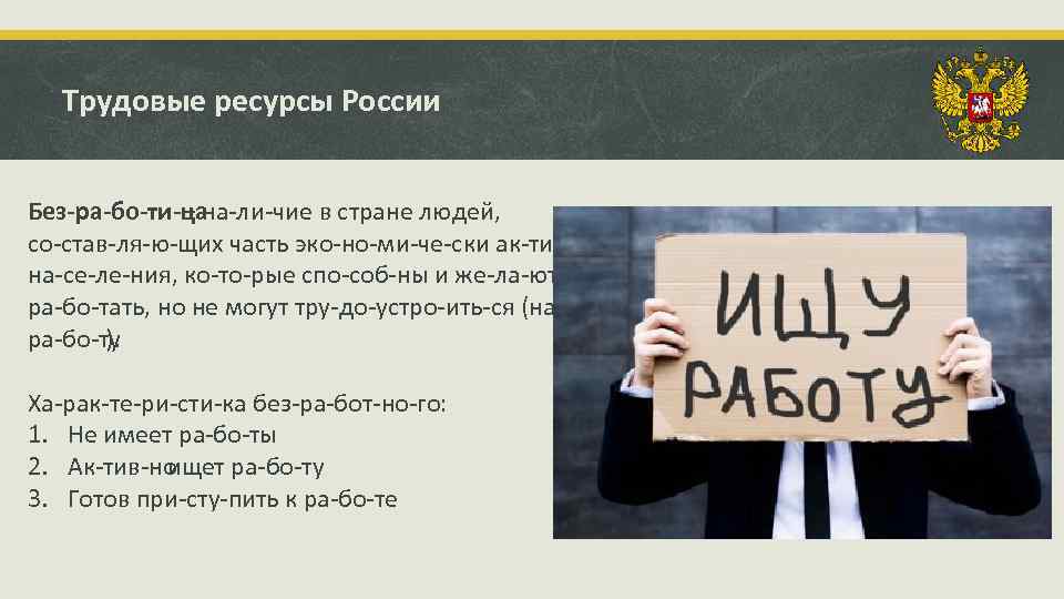 Трудовые ресурсы России Без ра бо ти ца – на ли чие в стране