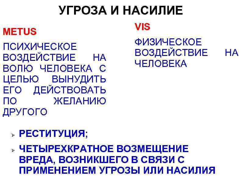 УГРОЗА И НАСИЛИЕ METUS ПСИХИЧЕСКОЕ ВОЗДЕЙСТВИЕ НА ВОЛЮ ЧЕЛОВЕКА С ЦЕЛЬЮ ВЫНУДИТЬ ЕГО ДЕЙСТВОВАТЬ