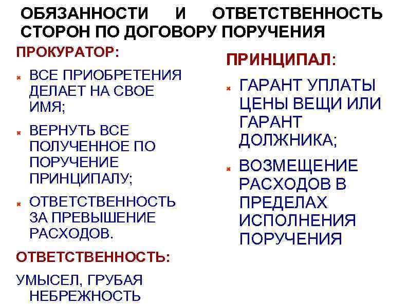 ОБЯЗАННОСТИ И ОТВЕТСТВЕННОСТЬ СТОРОН ПО ДОГОВОРУ ПОРУЧЕНИЯ ПРОКУРАТОР: ВСЕ ПРИОБРЕТЕНИЯ ДЕЛАЕТ НА СВОЕ ИМЯ;