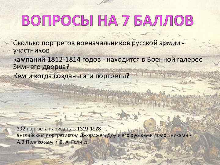 ВОПРОСЫ НА 7 БАЛЛОВ Сколько портретов военачальников русской армии участников кампаний 1812 -1814 годов