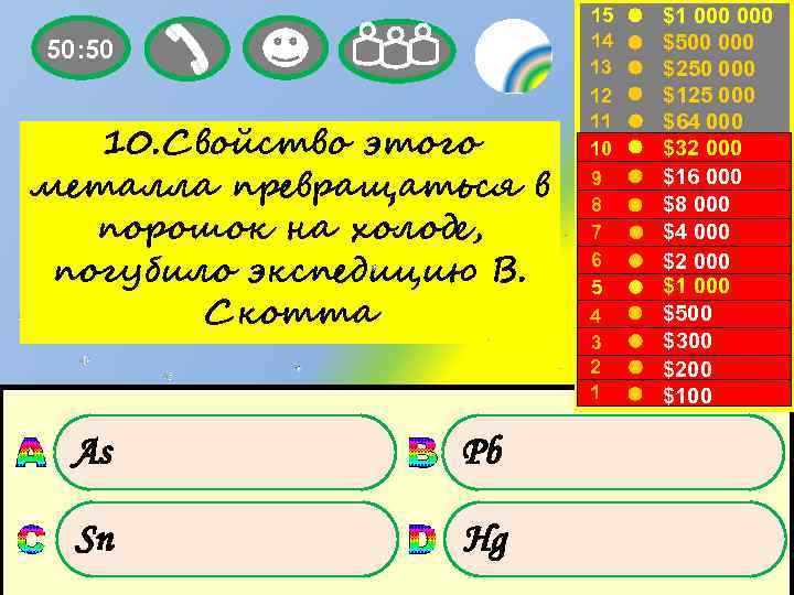 50: 50 10. Свойство этого металла превращаться в порошок на холоде, погубило экспедицию В.