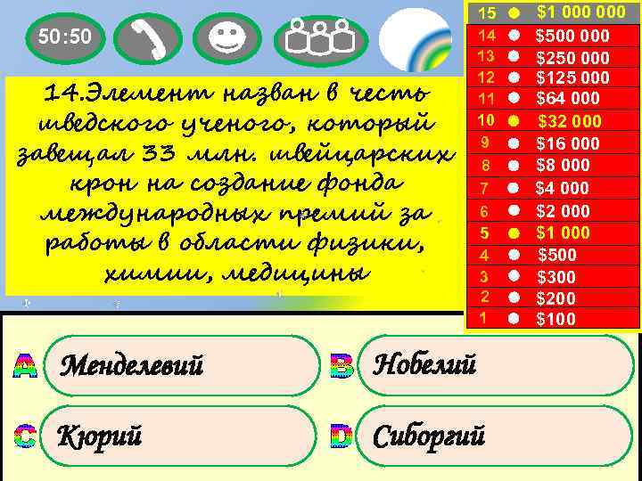 50: 50 14. Элемент назван в честь шведского ученого, который завещал 33 млн. швейцарских