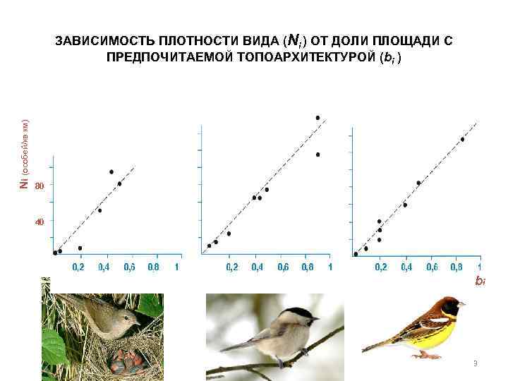 Ni (особей/кв км) ЗАВИСИМОСТЬ ПЛОТНОСТИ ВИДА (Ni ) ОТ ДОЛИ ПЛОЩАДИ С ПРЕДПОЧИТАЕМОЙ ТОПОАРХИТЕКТУРОЙ