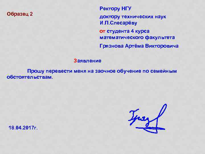 Образец 2 Ректору НГУ доктору технических наук И. П. Слесарёву от студента 4 курса