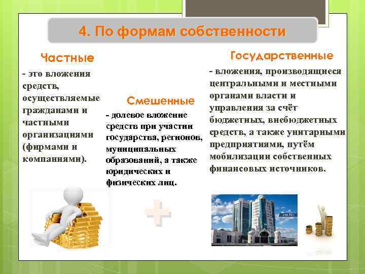 4. По формам собственности Государственные Частные это вложения средств, осуществляемые гражданами и частными организациями