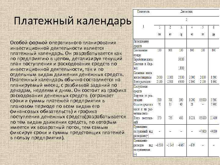 Платежный календарь Особой формой оперативного планирования инвестиционной деятельности является платежный календарь. Он разрабатывается как