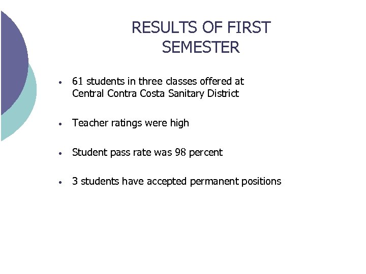 RESULTS OF FIRST SEMESTER • 61 students in three classes offered at Central Contra