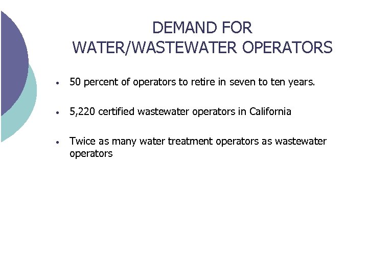 DEMAND FOR WATER/WASTEWATER OPERATORS • 50 percent of operators to retire in seven to