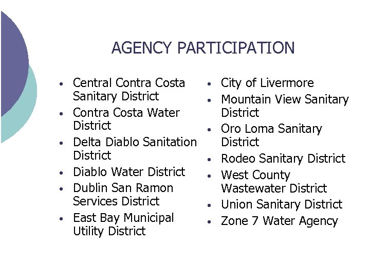 AGENCY PARTICIPATION • • • Central Contra Costa Sanitary District Contra Costa Water District