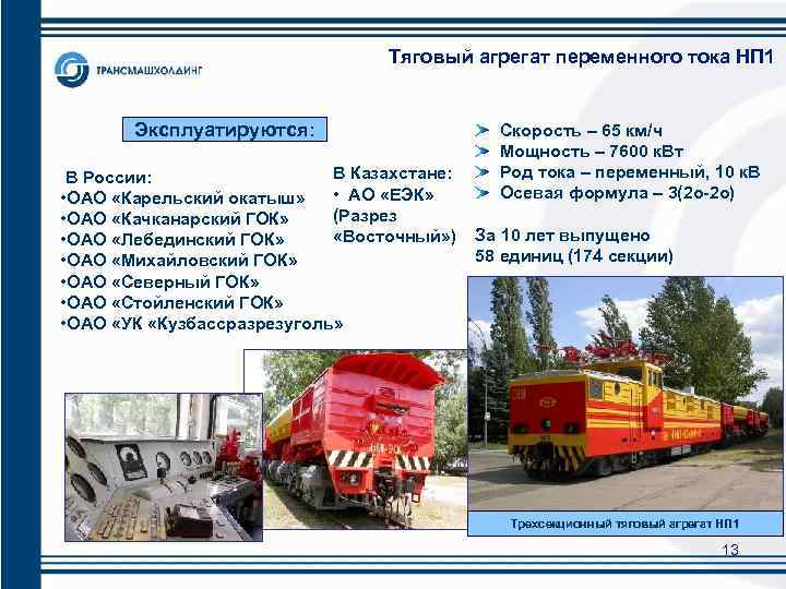 Тяговый агрегат переменного тока НП 1 Эксплуатируются: В Казахстане: В России: • АО «ЕЭК»