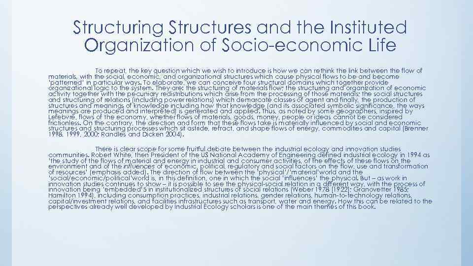 Structuring Structures and the Instituted Organization of Socio-economic Life To repeat, the key question