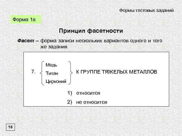 Формы тестовых заданий Форма 1 а Принцип фасетности Фасет – форма записи нескольких вариантов