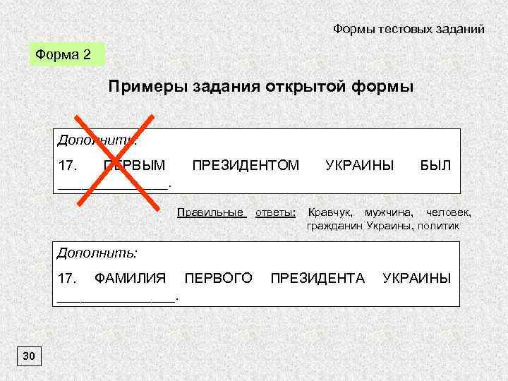 Формы тестовых заданий Форма 2 Примеры задания открытой формы Дополнить: 17. ПЕРВЫМ _______. ПРЕЗИДЕНТОМ