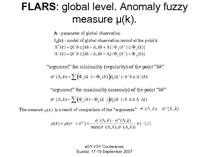 FLARS: global level. Anomaly fuzzy measure μ(k). - parameter of global observation δk k