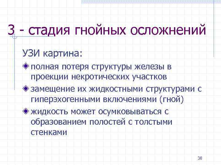 3 - стадия гнойных осложнений УЗИ картина: полная потеря структуры железы в проекции некротических