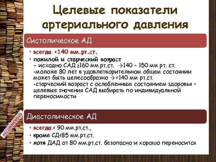 Целевые показатели артериального давления Систолическое АД • всегда <140 мм. рт. ст. • пожилой