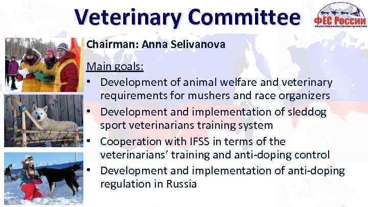 Veterinary Committee Chairman: Anna Selivanova Main goals: • Development of animal welfare and veterinary