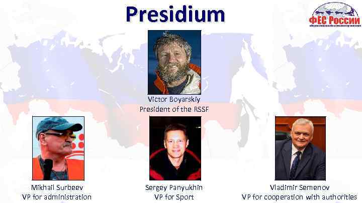 Presidium Victor Boyarskiy President of the RSSF Mikhail Surbeev VP for administration Sergey Panyukhin