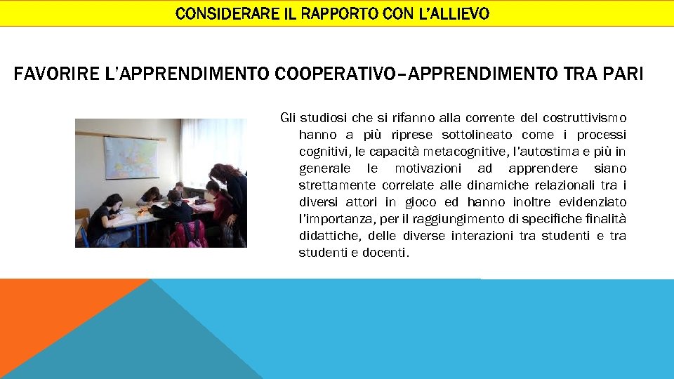 CONSIDERARE IL RAPPORTO CON L’ALLIEVO FAVORIRE L’APPRENDIMENTO COOPERATIVO–APPRENDIMENTO TRA PARI Gli studiosi che si