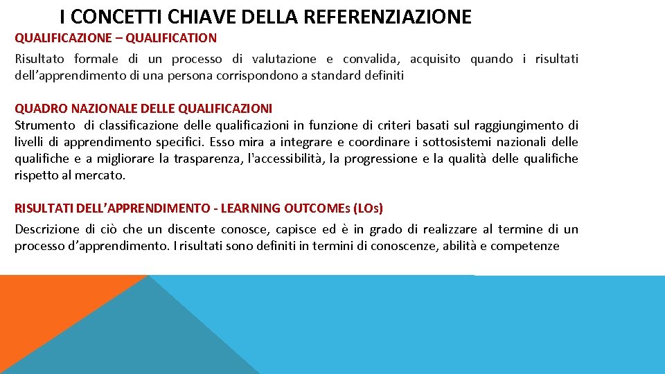 I CONCETTI CHIAVE DELLA REFERENZIAZIONE QUALIFICAZIONE – QUALIFICATION Risultato formale di un processo di