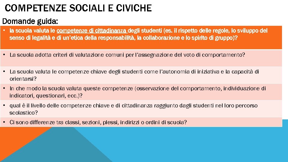 COMPETENZE SOCIALI E CIVICHE Domande guida: • la scuola valuta le competenze di cittadinanza
